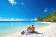 © Postproduction - Romantic young couple having picnic on beach, palm trees and crystal clear waters. Generative AI