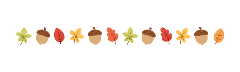 autumn leaves and acorn separator border for fall and thanksgiving season. vector isolated on white 