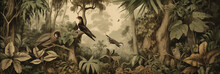 Wallpaper Jungle And Leaves Tropical Forest Birds Old Drawing Vintage, Generative AI