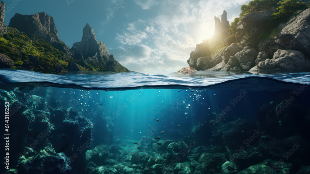 A contrast of two worlds, seen through a split view of the sea in sci ...