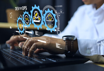 DevOps engineer or software developer operation engineer work with agile as programer development concept with dev ops icon computer screen project to coding release and deploy operate for monitoring