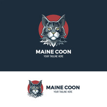 Maine Coon Cat Logo. A Mascot Logo Or A Cartoon Logo With A Modern Vintage Style. Suitable For Pet Shop, Pet Breeding, Cat Food, Cat Supplement, Esport Club, Gamers, Etc.