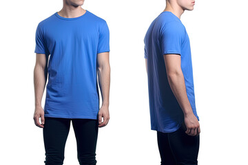 Photo realistic male blue t-shirts with copy space, front, and back view