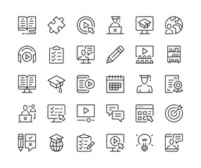 Wall Mural - online learning icons. vector line icons set. e-learning, webinar, training, online courses concepts