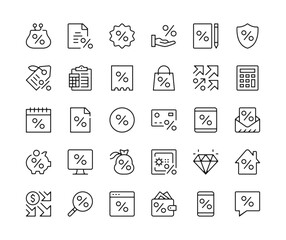 Wall Mural - Discount icons. Vector line icons set. Loan, deal, percent sign, price change, percentage, interest rate, shopping sale concepts. Black outline stroke symbols