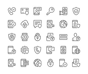 Wall Mural - Mobile security icons. Vector line icons set. Smartphone protection, mobile phone safety, secure app, data security concepts. Black outline stroke symbols