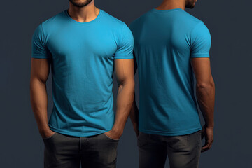 Photo realistic male blue t-shirts with copy space, front, and back view