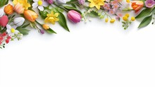 Beautiful Composition Of Spring Flowers And Leaves On White Background With Copy Space. Generative Ai