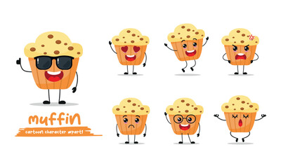 Wall Mural - cute muffin cartoon with many expressions. different activity pose vector illustration flat design set with sunglasses.

