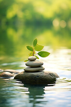 Pile Of Zen Stones And Green Leaf On Calm Water. Meditative Lifestyle Concept. Symbolic Balance And Inner Equilibrium With Stress Relief. Mental Rest And Connection With Nature. Poster With Copy Space