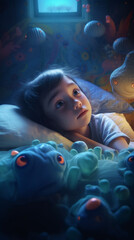 Poster -  Cute little cartoon girl, in bed.
Before going to sleep, I imagine that the room is full of fish