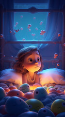 Poster -  Cute little cartoon girl, in bed.
Before going to sleep, I imagine that the room is full of fish