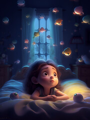 Canvas Print -  Cute little cartoon girl, in bed.
Before going to sleep, I imagine that the room is full of fish