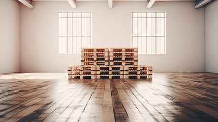 Wall Mural - Wooden pallets stacked in a warehouse closeup