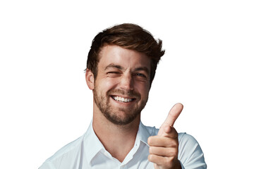 Portrait, pointing man wink and flirting isolated and against a transparent png background with a smile. Success or congratulations, face and male person with emoji hands for happiness or thank you