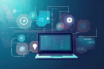 laptop with background, network connection concept
