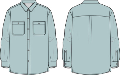 men's long sleeve denim shirt flat sketch illustration, double patch pocket long sleeve shirt for ca