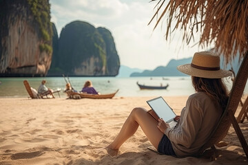 Traveler woman relaxing on straw nests using tablet at Railay beach Krabi, Asia business people on vacation at resort work with computer notebook, Tourist travel Phuket Thailand summer holiday trip