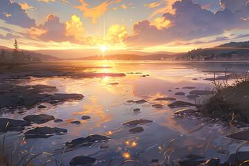 Wall Mural - Lake with sunset, Anime style