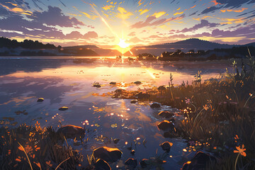 Canvas Print - Lake with sunset, Anime style