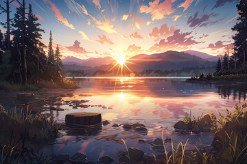 Wall Mural - Lake with sunset, Anime style