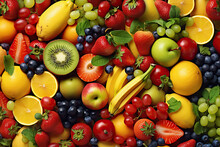 Fruit Background, Many Fresh Fruits Mixed Together