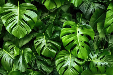 Wall Mural - Tropical leaves, dark green foliage, abstract nature background