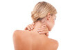 © Harsh Shrikant/peopleimages.com - Healthcare, back view and woman with neck pain, injury or accident after spa body care treatment. Medical emergency, hurt and female model with a muscle sprain isolated by transparent png background.