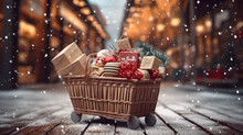 Christmas Shopping Composition With Basket, Generative AI