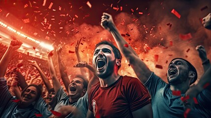 group of fans football celebrating the success of their favorite sports team on the stands of the pr