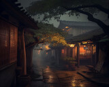 Fototapeta Uliczki - Street scene in rainy season evening in traditional Chinese ancient town