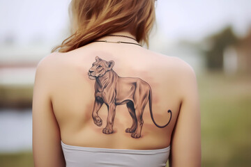 Wall Mural - Lioness tattoo design for men or women. Generative AI.