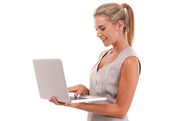 Technology, woman with laptop and isolated against a png transparent background with a smile. Social networking or connectivity, typing or writing and businesswoman with online communication.