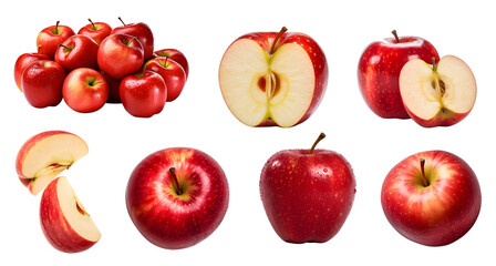 red apple apples, many angles and view side top sliced halved cut isolated on transparent background