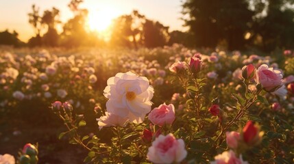 Wall Mural - Pink rose field in sunset light, in the style of sun rays shining upon a field of roses. Generative AI