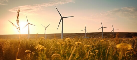 Wind farms on a yellow rapeseed field and sunset background. The concept of renewable energy resources. Generated AI