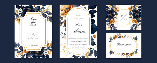 Fototapete - Blue gold leaf floral flower beautiful and elegant floral wedding invitation card template