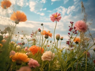 Wall Mural - A beautiful summer field of colorful cosmos flowers, natural sunlight, and bright summer sky background. Generative AI
