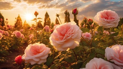 Wall Mural - Pink rose field in sunset light, in the style of sun rays shining upon a field of roses. Generative AI