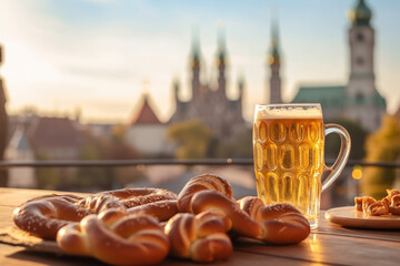 Beer and salted pretzels on wooden background created with generative ai tools