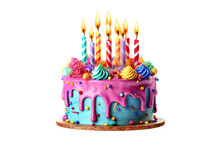 Colorful Birthday Cake With Candles. Isolated On White Background PNG