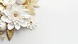 Abstract background of bridal bouquet frame composition. Papercut floral border with white blooming flowers and golden metallic leaves. Horizontal illustration for banner design. Generative AI.