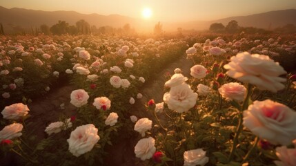 Wall Mural - Pink rose field in sunset light, in the style of sun rays shining upon a field of roses. Generative AI