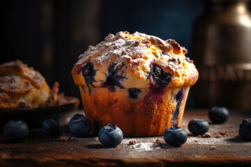 Freshly baked blueberry muffins, delicious cake with fresh berries. Lots of blueberries, blueberries and blackberries. Generative AI.