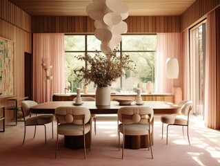 Minimal interior design of a modern dining room in light pink tones, decorated with simple furniture with a wooden table and chairs. Generative AI