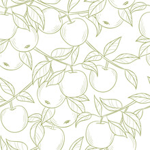 Line Art Apple Vector Pattern, Seamless Repeating Tile With White Background, Delicate Line Art Illustration