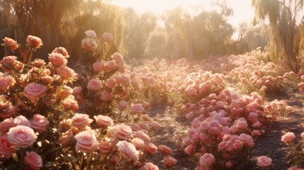 Wall Mural - Pink rose field in sunset light, in the style of sun rays shining upon a field of roses. Generative AI