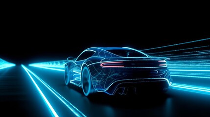 Wall Mural - DETAILED SILHOUETTE OF A SPORTS CAR IN NEON COLORS DRIVING AT HIGH SPEED. GENERATIVE AI.