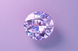 Top view of one beautiful brilliant gemstone with facets isolated on a flat purple background with copy space. Minimal creative concept. Generative AI 3d render illustration imitation.