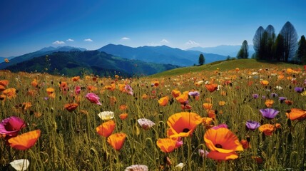 Wall Mural - A lot of colorful poppy in the field, mountainous vistas, and a bright blue sky in the background. Generative AI